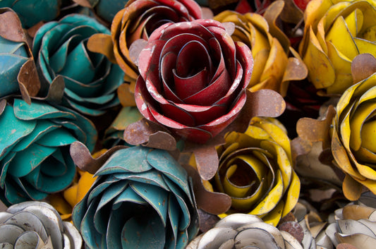 Metal roses in teal, red, yellow and silver — fine art photography print